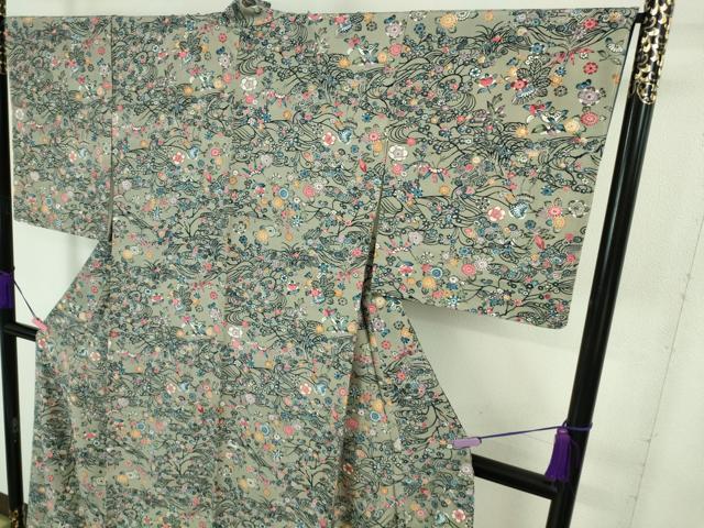 平和屋着物■極上　小紋　紅型　流水草花文　灰色地　逸品　未使用　DZAA7828kh5