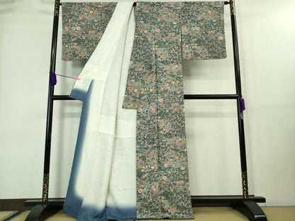 平和屋着物■極上　小紋　紅型　流水草花文　灰色地　逸品　未使用　DZAA7828kh5