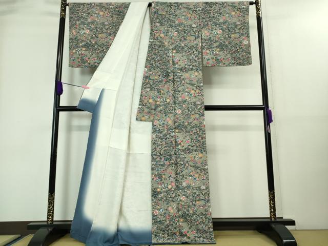 平和屋着物■極上　小紋　紅型　流水草花文　灰色地　逸品　未使用　DZAA7828kh5