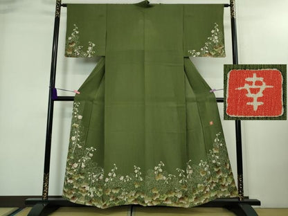 平和屋着物■極上　夏物　ファッションデザイナー 花井幸子　訪問着　単衣　草花文　麹塵色地　逸品　DZAA7844kh5