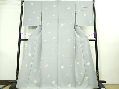 平和屋着物▽極上 琳派調 友禅小紋 単衣 舞花文 縮緬地 デイドリーム色 反端付き 逸品 DZAA7855kh5
