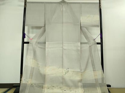 平和屋着物■極上　夏物　絹芭蕉　訪問着　手描き　すすき　枝花文　暈し染め　白梅鼠色地　逸品　DZAA7878kh5