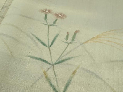 平和屋着物■極上　夏物　絹芭蕉　訪問着　手描き　すすき　枝花文　暈し染め　白梅鼠色地　逸品　DZAA7878kh5