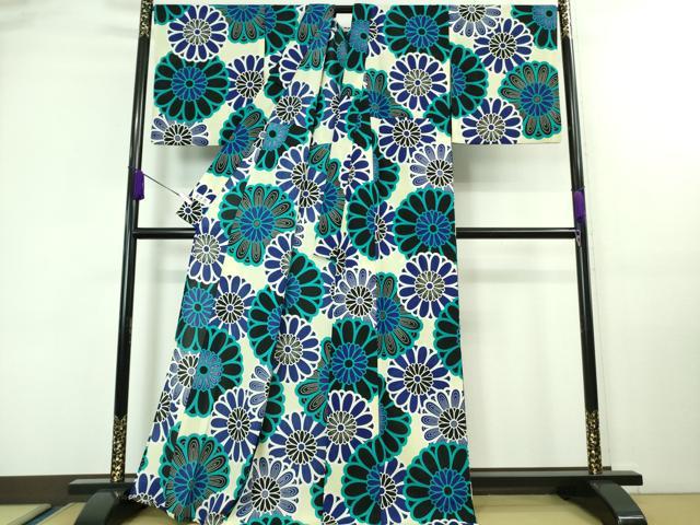 平和屋着物∴極上 夏物 小紋・浴衣兼用 舞花文 和風館 セオアルファ 洗える着物 逸品 DZAA7886kh5