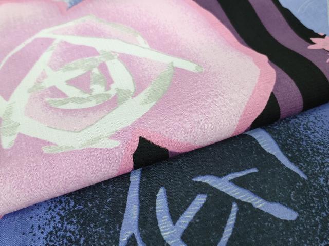 平和屋着物∴極上 夏物 小紋・浴衣兼用 薔薇 バラ 縞 黒地 銀彩 逸品 和風館 セオアルファ 洗える着物 DZAA7888kh5