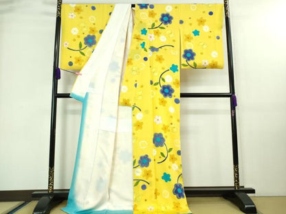 平和屋本店■超希少　染色作家　山本由季　小紋　舞蝶花文　黄色地　金彩　ロング丈　逸品　DZAA7895kh5