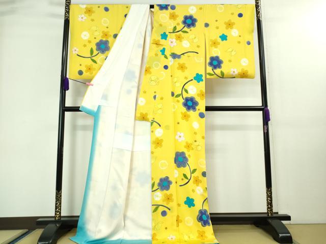 平和屋本店■超希少　染色作家　山本由季　小紋　舞蝶花文　黄色地　金彩　ロング丈　逸品　DZAA7895kh5