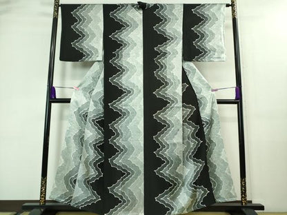 平和屋着物▽極上 染色作家 斉藤三才 小紋 単衣 間道 黒地 逸品 DZAA7896kh5