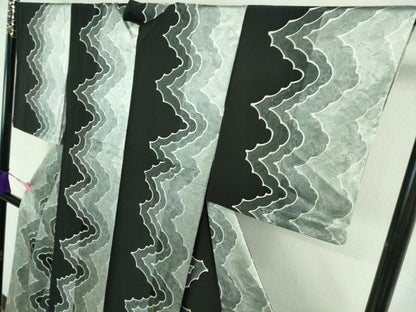 平和屋着物▽極上 染色作家 斉藤三才 小紋 単衣 間道 黒地 逸品 DZAA7896kh5