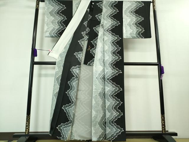 平和屋着物▽極上 染色作家 斉藤三才 小紋 単衣 間道 黒地 逸品 DZAA7896kh5