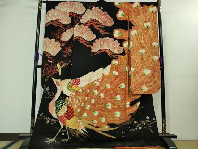 平和屋本店●極上　アンティーク　大正ロマン　振袖　刺繍　孔雀　松　黒地　金彩　逸品　DZAA7948kh5