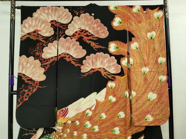 平和屋本店●極上　アンティーク　大正ロマン　振袖　刺繍　孔雀　松　黒地　金彩　逸品　DZAA7948kh5
