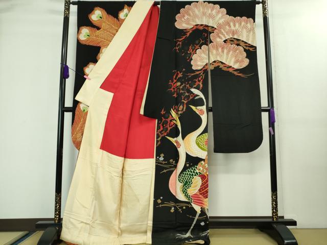 平和屋本店●極上　アンティーク　大正ロマン　振袖　刺繍　孔雀　松　黒地　金彩　逸品　DZAA7948kh5