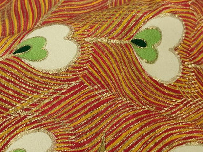 平和屋本店●極上　アンティーク　大正ロマン　振袖　刺繍　孔雀　松　黒地　金彩　逸品　DZAA7948kh5