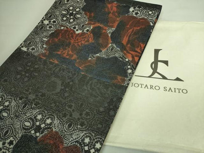 平和屋本店■極上　キモノデザイナー　斉藤上太郎　両面　全通柄袋帯　薔薇　バラ　銀通し地　反端・たとう紙付き　逸品　DZAA7953kh5
