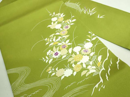 平和屋本店■希少　森口華弘の弟子　友禅作家　西山和恆　塩瀬　九寸名古屋帯　刺繍　流水枝花文　鶯色地　逸品　DZAA7956kh5