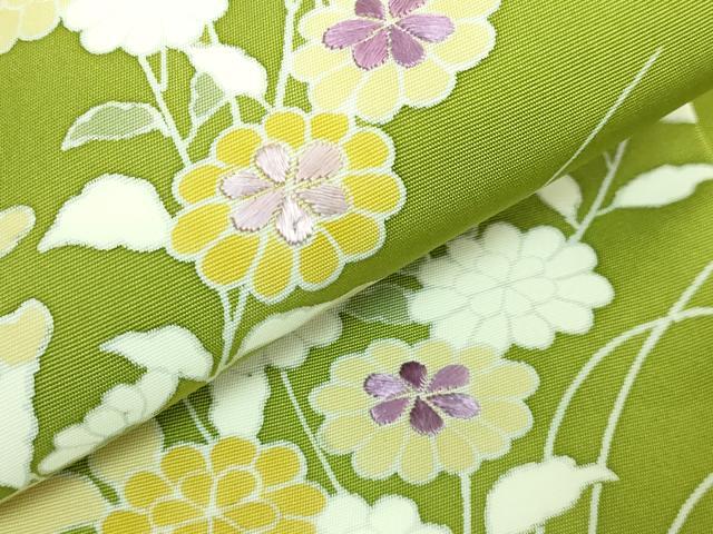 平和屋本店■希少　森口華弘の弟子　友禅作家　西山和恆　塩瀬　九寸名古屋帯　刺繍　流水枝花文　鶯色地　逸品　DZAA7956kh5