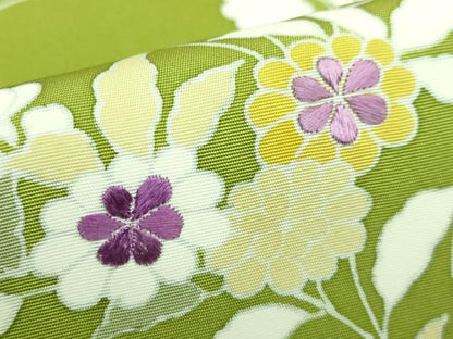 平和屋本店■希少　森口華弘の弟子　友禅作家　西山和恆　塩瀬　九寸名古屋帯　刺繍　流水枝花文　鶯色地　逸品　DZAA7956kh5