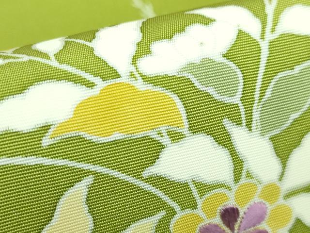平和屋本店■希少　森口華弘の弟子　友禅作家　西山和恆　塩瀬　九寸名古屋帯　刺繍　流水枝花文　鶯色地　逸品　DZAA7956kh5