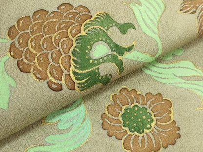平和屋本店●超希少　友禅染色家　品川恭子　九寸名古屋帯　更紗花文　利休茶色地　金彩　逸品　DZAA7957kh5