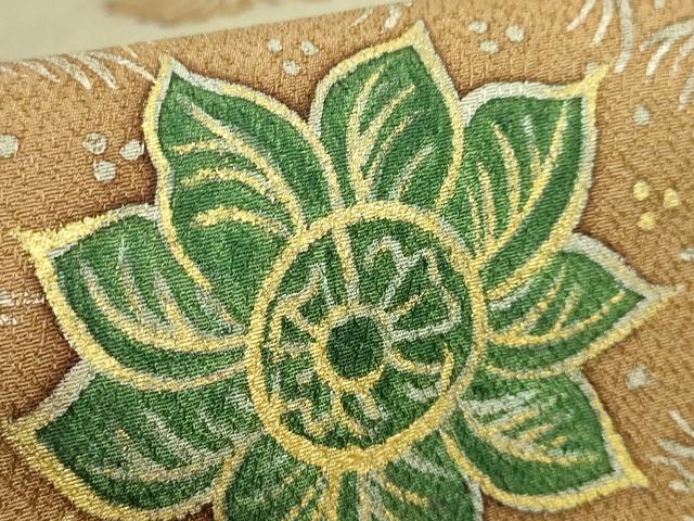 平和屋本店●超希少　友禅染色家　品川恭子　九寸名古屋帯　更紗花文　利休茶色地　金彩　逸品　DZAA7957kh5