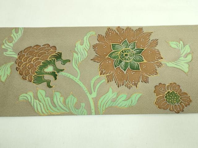 平和屋本店●超希少　友禅染色家　品川恭子　九寸名古屋帯　更紗花文　利休茶色地　金彩　逸品　DZAA7957kh5