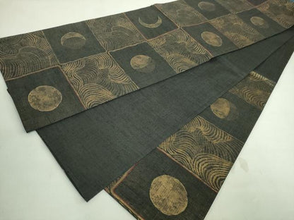 平和屋着物＊極上 夏物 六通柄袋帯 満月 三日月 黒地 金糸 逸品 DZAA7964kh5