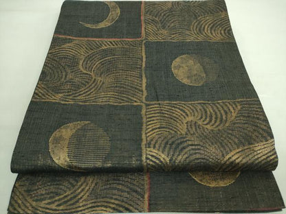 平和屋着物＊極上 夏物 六通柄袋帯 満月 三日月 黒地 金糸 逸品 DZAA7964kh5