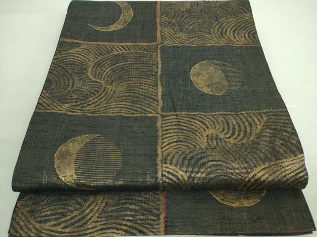 平和屋着物＊極上 夏物 六通柄袋帯 満月 三日月 黒地 金糸 逸品 DZAA7964kh5