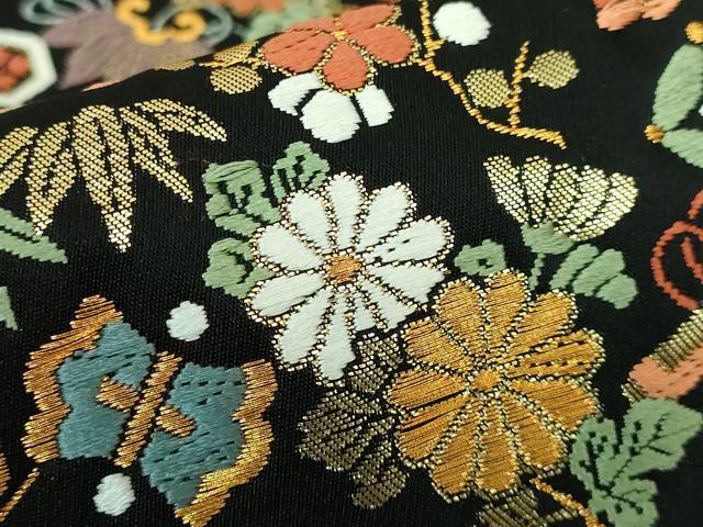 平和屋着物●極上　六通柄袋帯　唐織　飛鶴宝尽くし　黒地　金糸　逸品　DZAA7983kh5