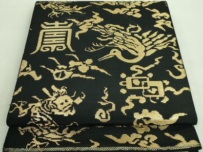 平和屋着物●極上 六通柄 本袋帯 龍村平蔵柄 寿鶴金華山文錦 黒地 金糸 逸品 DZAA7987kh5