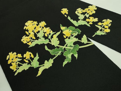 平和屋着物●極上　名門染元　秀美　十日町友禅　九寸名古屋帯　菜の花　黒地　鬼しぼ縮緬　逸品　DZAA7997kh5