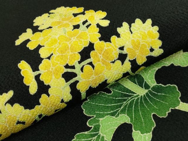 平和屋着物●極上　名門染元　秀美　十日町友禅　九寸名古屋帯　菜の花　黒地　鬼しぼ縮緬　逸品　DZAA7997kh5