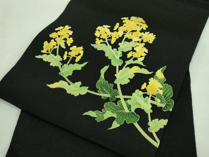 平和屋着物●極上　名門染元　秀美　十日町友禅　九寸名古屋帯　菜の花　黒地　鬼しぼ縮緬　逸品　DZAA7997kh5