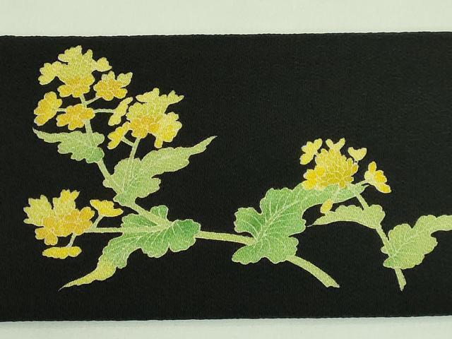 平和屋着物●極上　名門染元　秀美　十日町友禅　九寸名古屋帯　菜の花　黒地　鬼しぼ縮緬　逸品　DZAA7997kh5