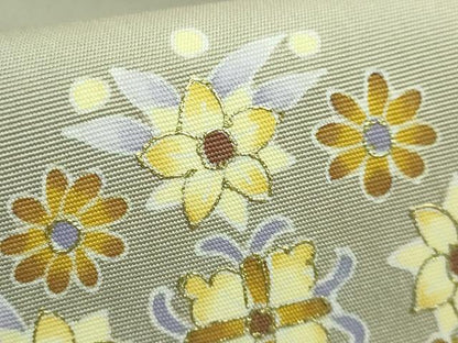 平和屋着物■極上　塩瀬　九寸名古屋帯　友禅　作家物　草花文　油色地　金彩　逸品　DZAA8004kh5