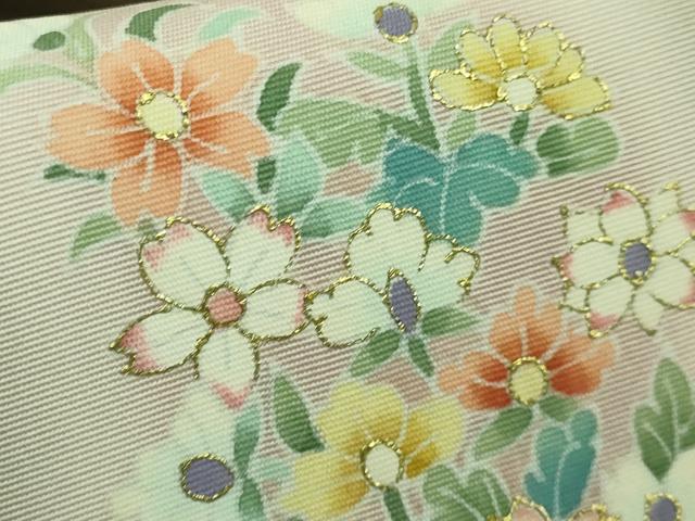 平和屋着物■極上　塩瀬　九寸名古屋帯　友禅　作家物　草花文　油色地　金彩　逸品　DZAA8004kh5