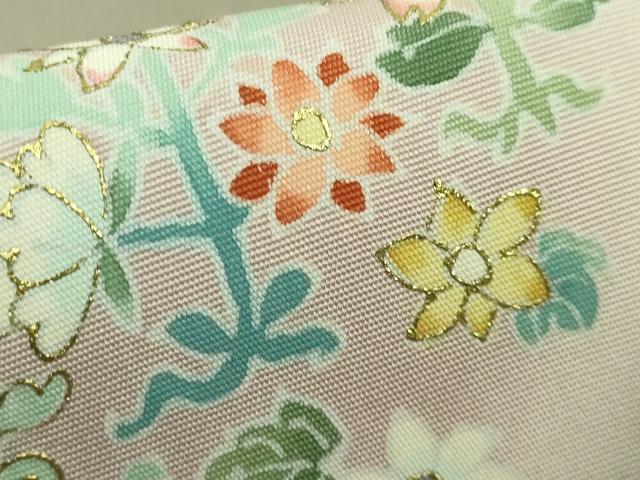 平和屋着物■極上　塩瀬　九寸名古屋帯　友禅　作家物　草花文　油色地　金彩　逸品　DZAA8004kh5