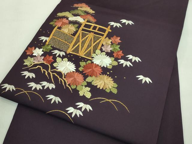 平和屋着物■極上　塩瀬　九寸名古屋帯　駒刺繍　総刺繍　手刺繍　御所解き　似せ紫色地　金糸　逸品　DZAA8007kh5