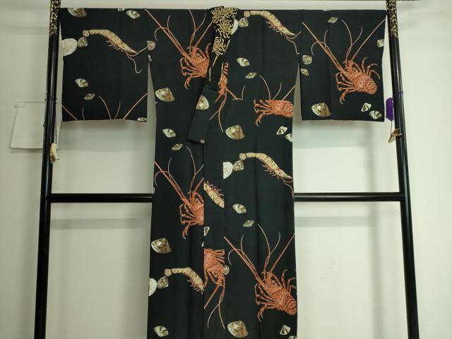 平和屋着物■上質な長襦袢　無双仕立て　伊勢海老　車海老　貝　黒地　逸品　DZAA8034kh5