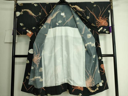 平和屋着物■上質な長襦袢　無双仕立て　伊勢海老　車海老　貝　黒地　逸品　DZAA8034kh5