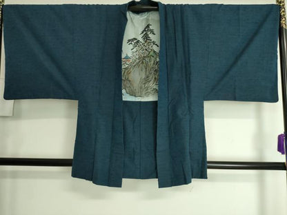 平和屋着物●極上 男性 紬 アンサンブル 色無地 紺色 逸品 DZAA8056kh5