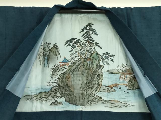 平和屋着物●極上 男性 紬 アンサンブル 色無地 紺色 逸品 DZAA8056kh5