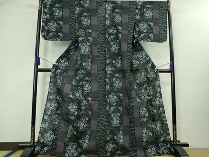 平和屋着物∴極上 夏物 撫松庵 小紋・浴衣兼用 綿麻 草花文 黒地 逸品 未使用 DZAA8098kh5