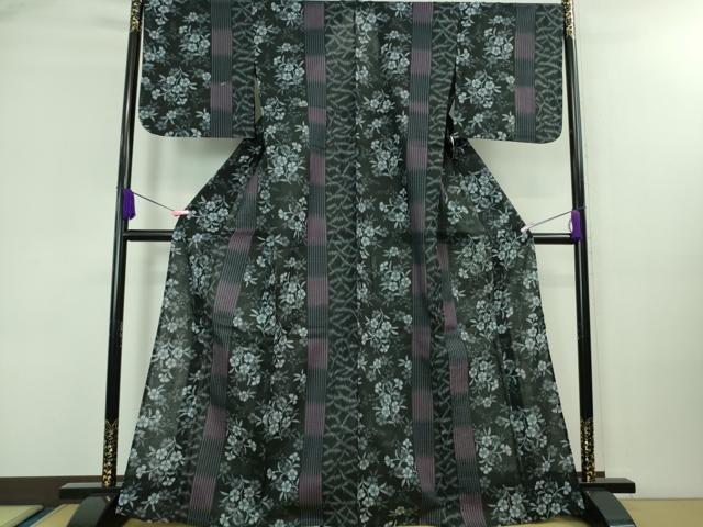 平和屋着物∴極上 夏物 撫松庵 小紋・浴衣兼用 綿麻 草花文 黒地 逸品 未使用 DZAA8098kh5