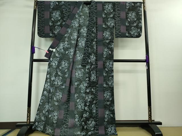 平和屋着物∴極上 夏物 撫松庵 小紋・浴衣兼用 綿麻 草花文 黒地 逸品 未使用 DZAA8098kh5