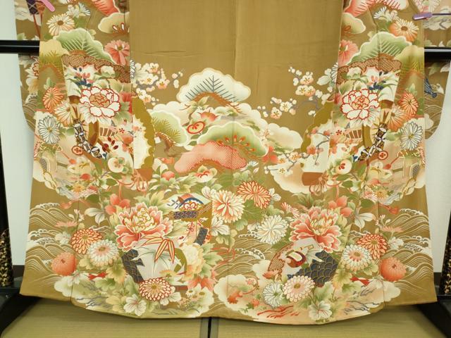 平和屋着物■極上　アンティーク　大正ロマン　振袖　駒刺繍　立波吉祥花松文　逸品　DZAA8130kh5