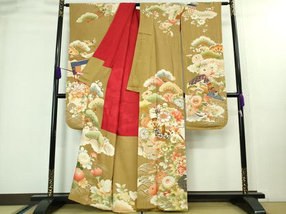 平和屋着物■極上　アンティーク　大正ロマン　振袖　駒刺繍　立波吉祥花松文　逸品　DZAA8130kh5