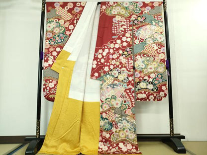 平和屋本店■極上　越後十日町の一流染匠　桐屋・翠山工房　振袖　辻が花　檜扇花文　金通し地　逸品　DZAA8134kh5