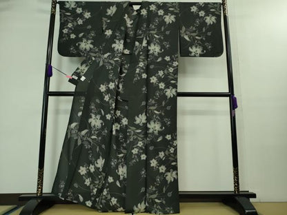 平和屋着物■極上　夏物　撫松庵　小紋・浴衣兼用　セオアルファ　紅梅織　百合　桔梗　黒地　洗える着物　逸品　DZAA8142kh5